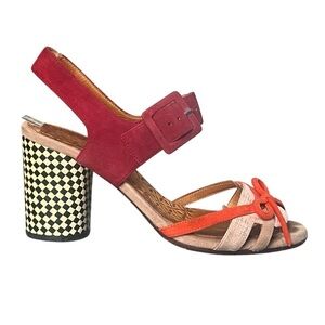 Chie Mihara Block Heel Sandals Checkered Heel Multi Colored Suede EU 37 US 7.5